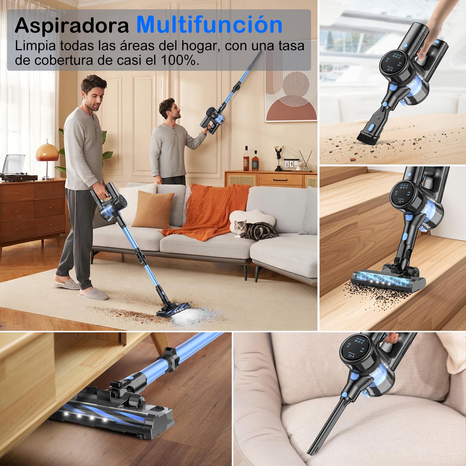 COYIVI Aspiradora Inalambrica, Aspirador Vertical Sin Cable 6 en 1, 30KPa Aspirar y Trapear, 250W Aspiradoras Potente Succión con LED y Motor Sin Escobillas, para Suelos Duros, Alfombras y Pelos de Mascotas