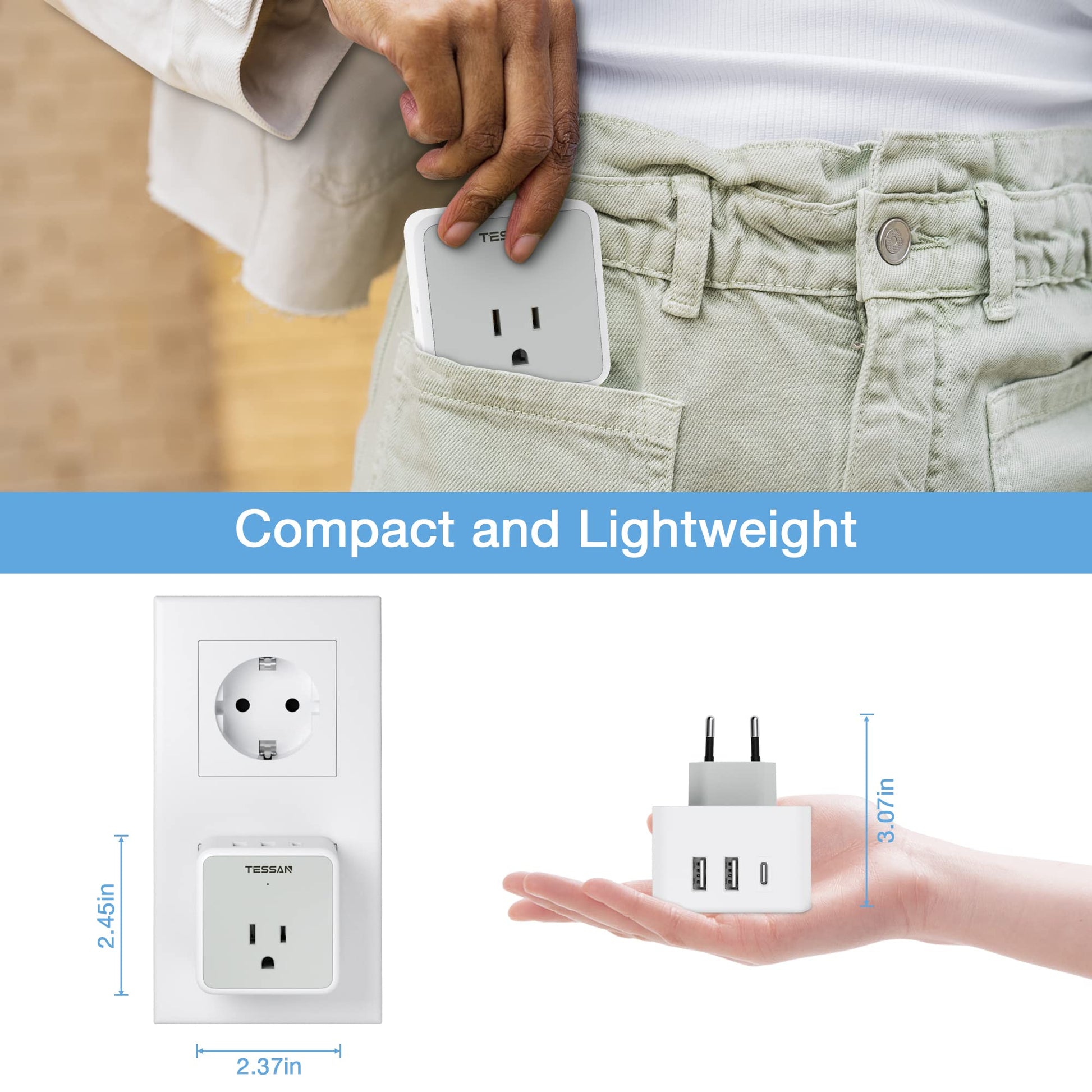 Adaptador de Viaje TESSAN Europeo Blanco con 3 Salidas CA y 3 Puertos USB para Europa