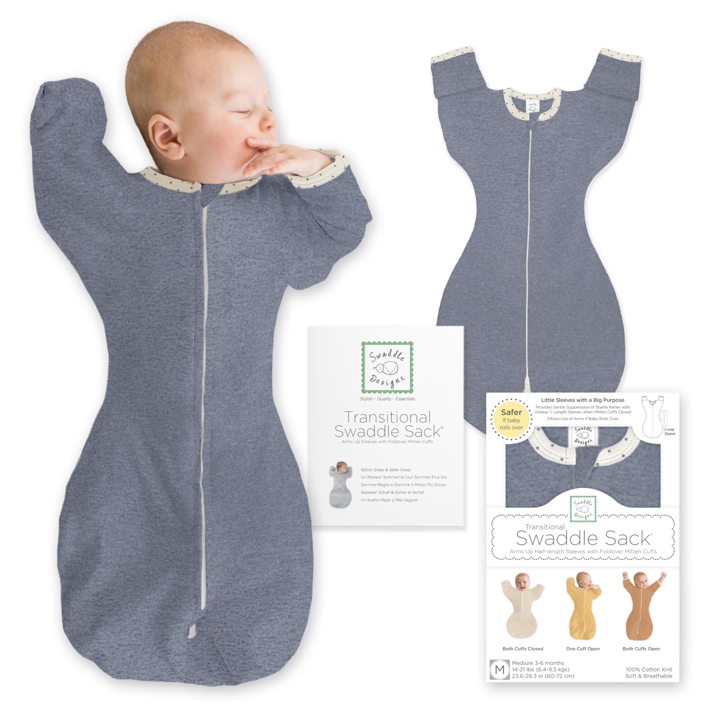 SwaddleDesigns - Saco de Envolver de transición con Brazos hasta Mangas de Media Longitud y puños de manopla, Mezclilla Jaspeada con Ribete de Lunares, Grande, 6-9 Meses, 20-25 Libras (Mejor sueño,