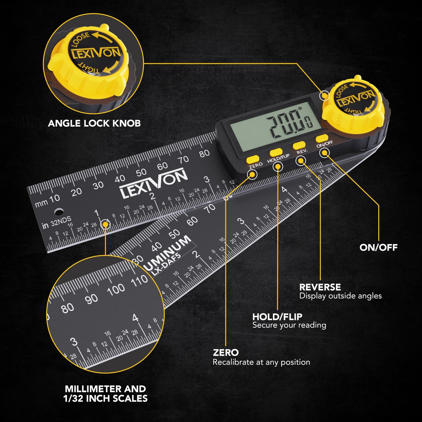 LEXIVON - Indicador digital de ángulo de aluminio, transportador multiusos de 130 mm, incluye visualización XL y bolsa resistente con cierre (LX-DAF5)