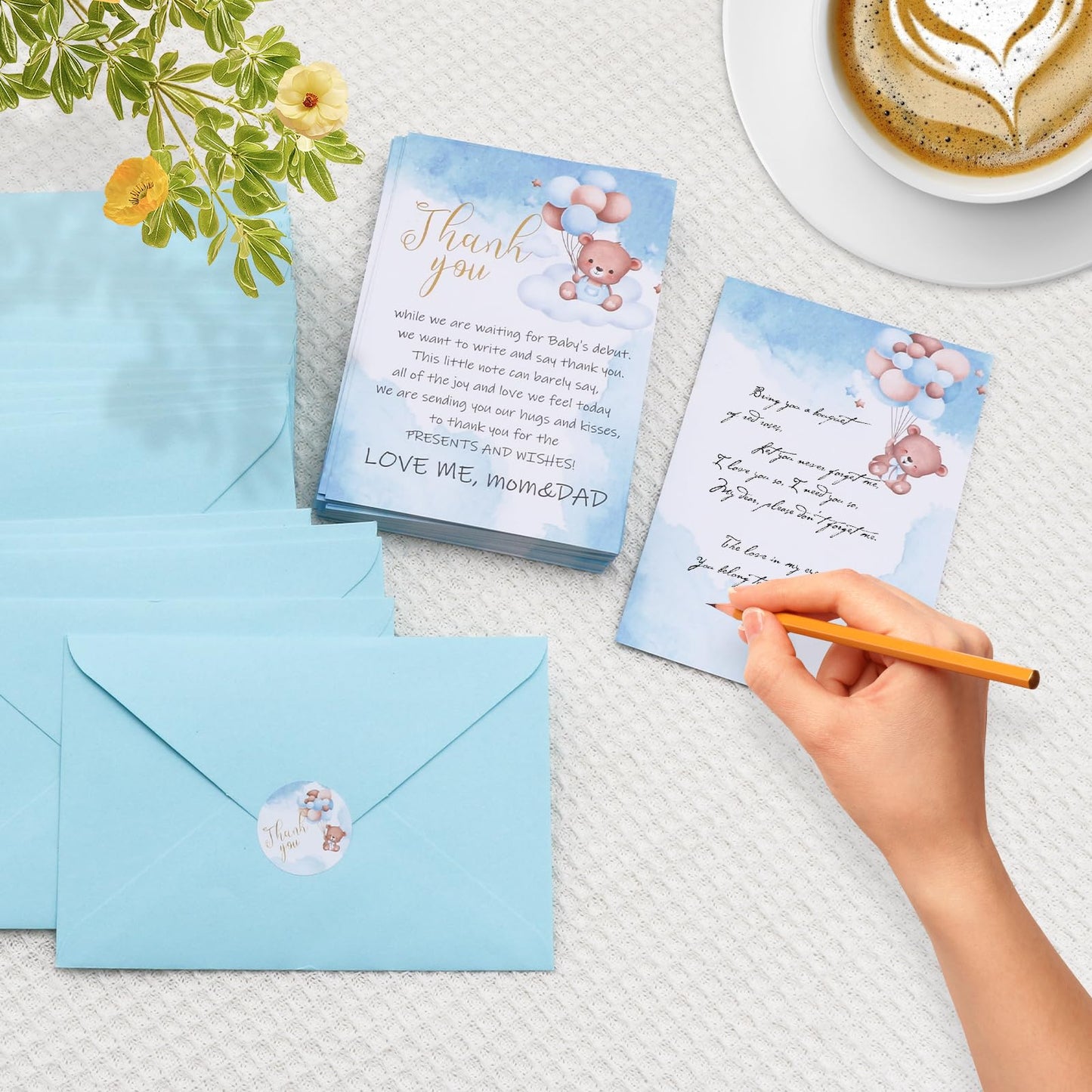 BYBOUS - Paquete de 50 tarjetas de agradecimiento para baby shower, color azul