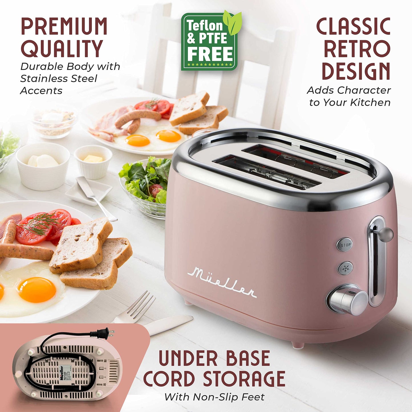 MÜELLERHOME tostador retro de 2 rebanadas, 7 niveles de dorado, 3 funciones (recalentar, descongelar, cancelar), bandeja extraíble para migas, almacenamiento de cable debajo de la base, decoración de