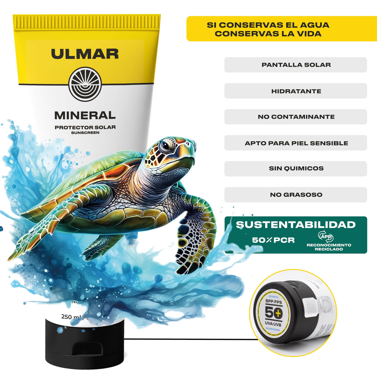 ULMAR Protector Solar Mineral ULMAR spf/fps 50 UVA UVB alto espectro 100% natural hipoalergénico biodegradable 250 ML (3)