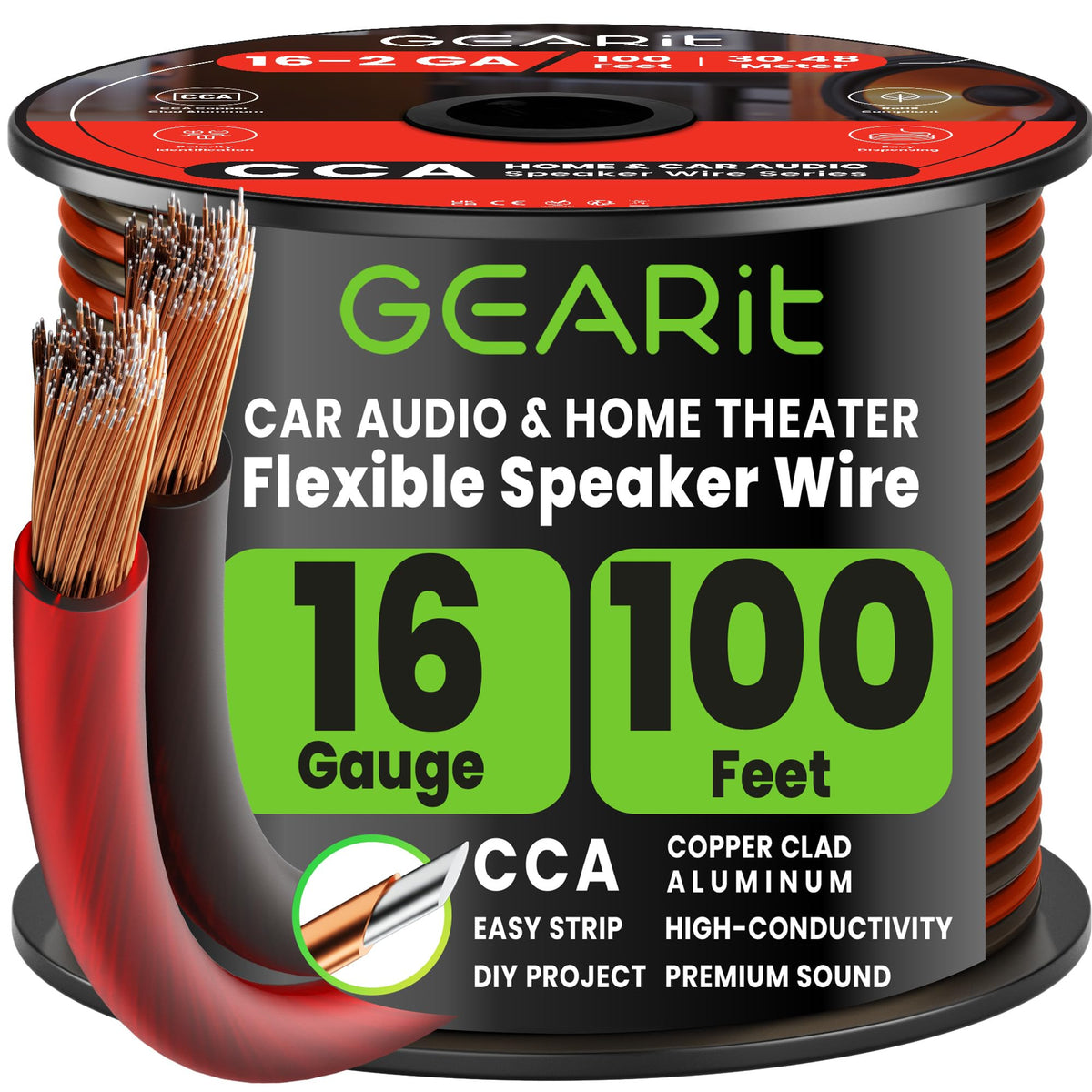 Cable de Altavoz GEARit 100 Pies Calibre 16 con Marcadores y Polaridad para Coche y Cine en Casa