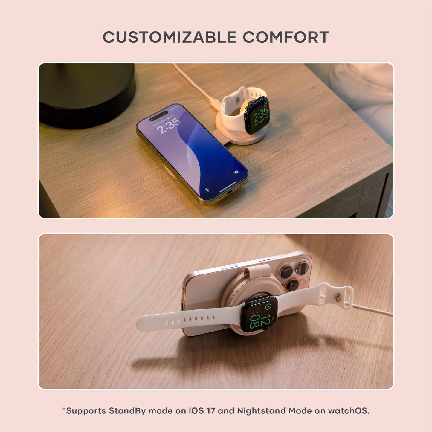 SATECHI OntheGo™ Cargador Inalámbrico 2 en 1, Cargador Portátil Qi2 con Carga Rápida de 15W para iPhone y 5W para Apple Watch, Estación de Carga Magnética de Viaje – Rosa Desierto