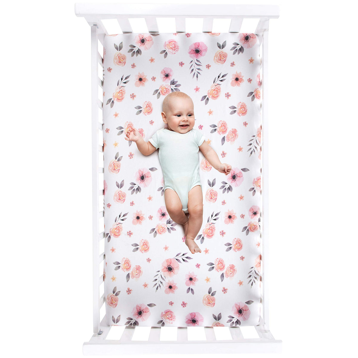 Minika Sábana para cuna de niña con diseño floral, 100% algodón finamente peinado, transpirable, súper suave, acuarela, rosa, para bebé, 52 x 28 x 9 pies, se adapta a colchones estándar