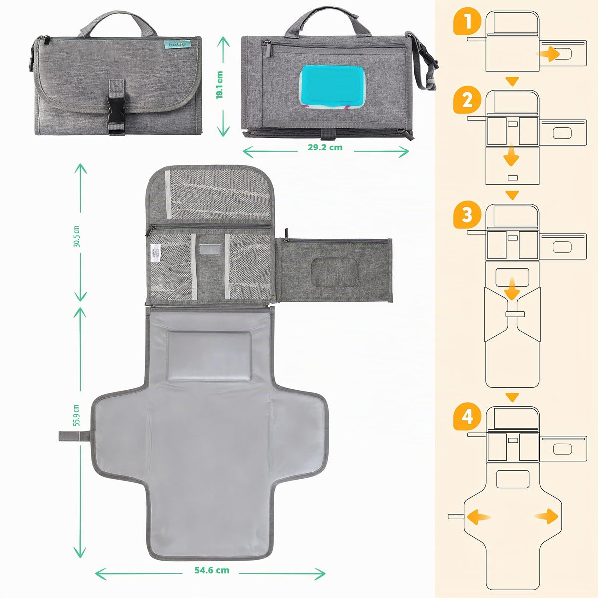 Kopi Baby - Cambiador portátil de pañales para bebé, cambiador de pañales y bolsa de viaje, diseño inteligente tapete cambiador para bebé, tapete cambiador portátil para bebé, estación de cambio para