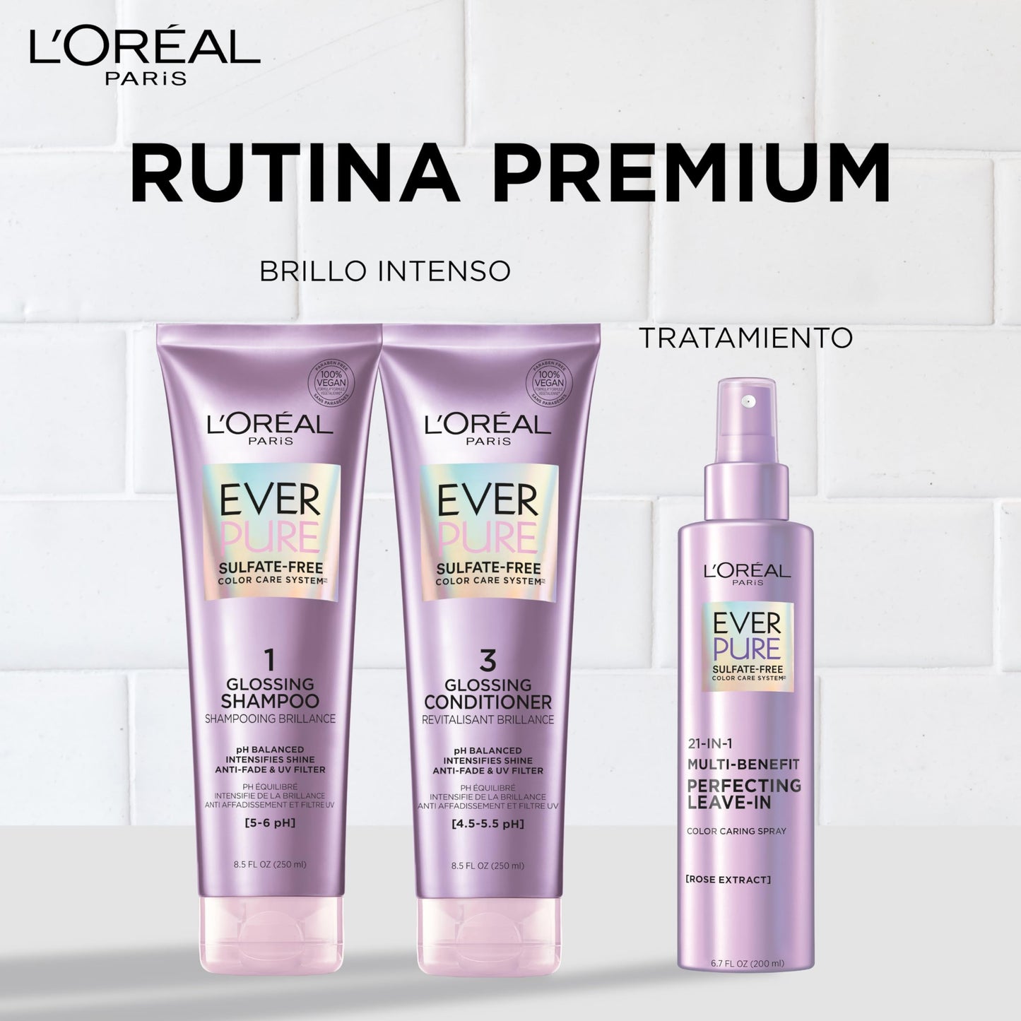 L'Oréal Paris Shampoo con Ph balanceado Ever Pure Glossing controla aporta brillo intenso para todo tipo de pelo teñido Sin Sulfatos, 250ml