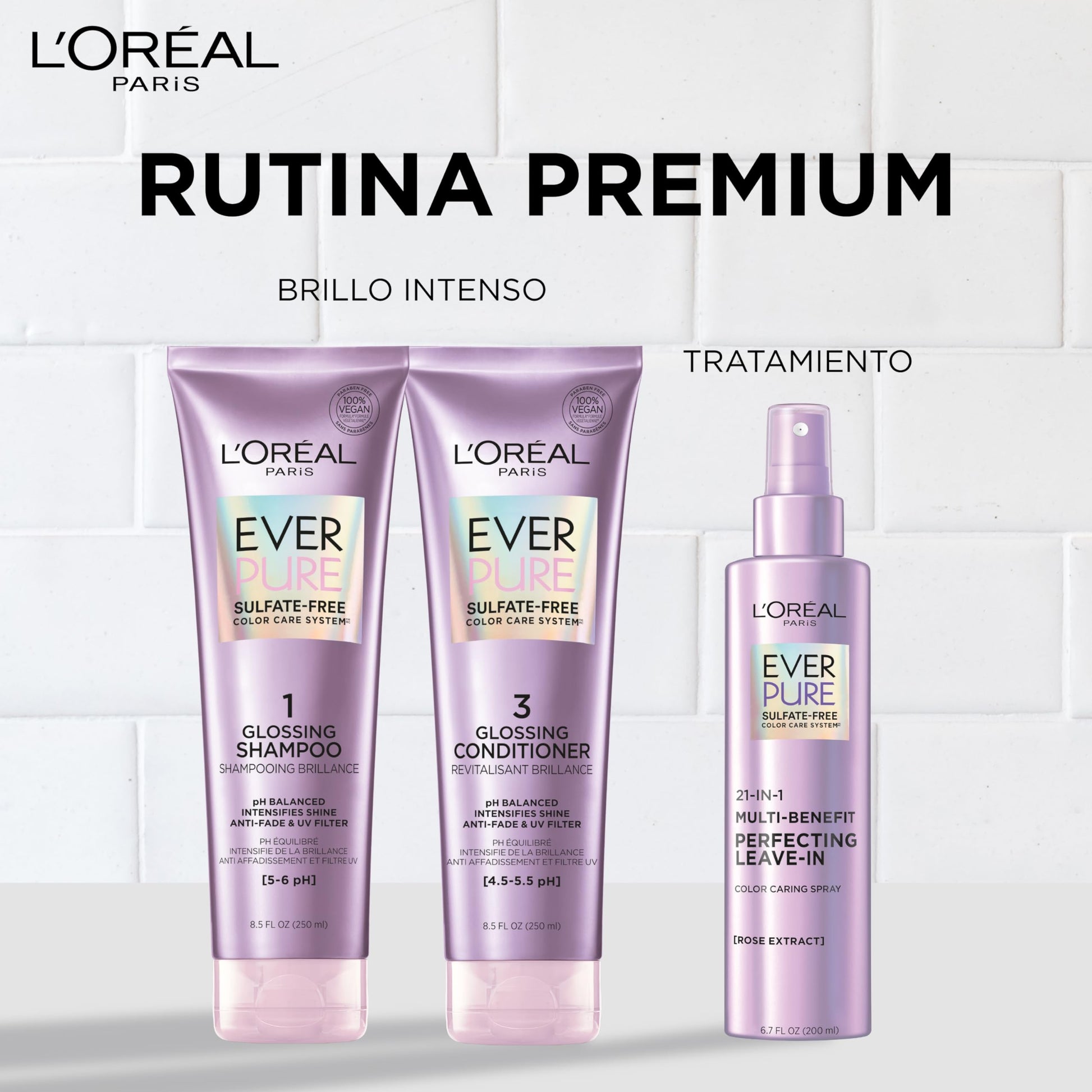 L'Oréal Paris Shampoo con Ph balanceado Ever Pure Glossing controla aporta brillo intenso para todo tipo de pelo teñido Sin Sulfatos, 250ml