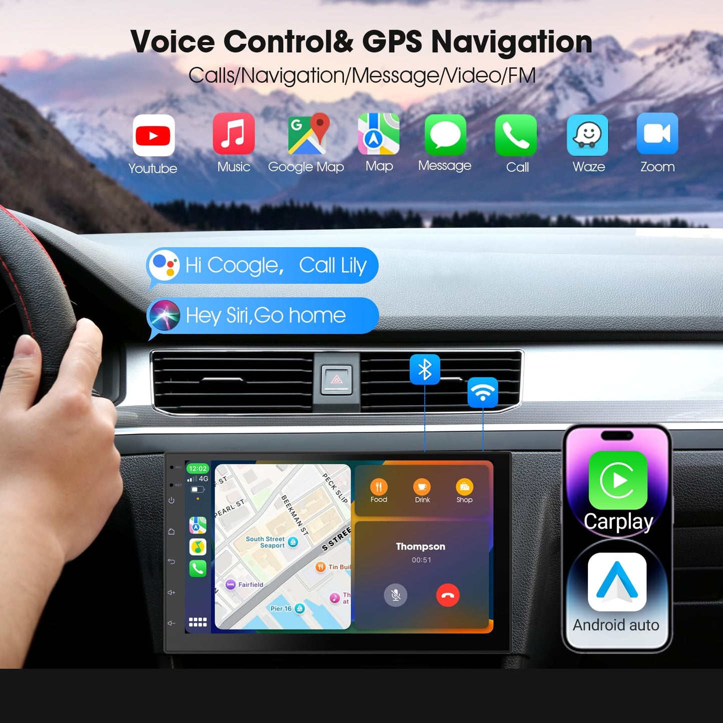 Pantalla táctil 7" para Auto con CarPlay/Android Auto inalámbrico, estéreo Doble DIN y cámara de reversa (2+32GB, cámara no incluida)