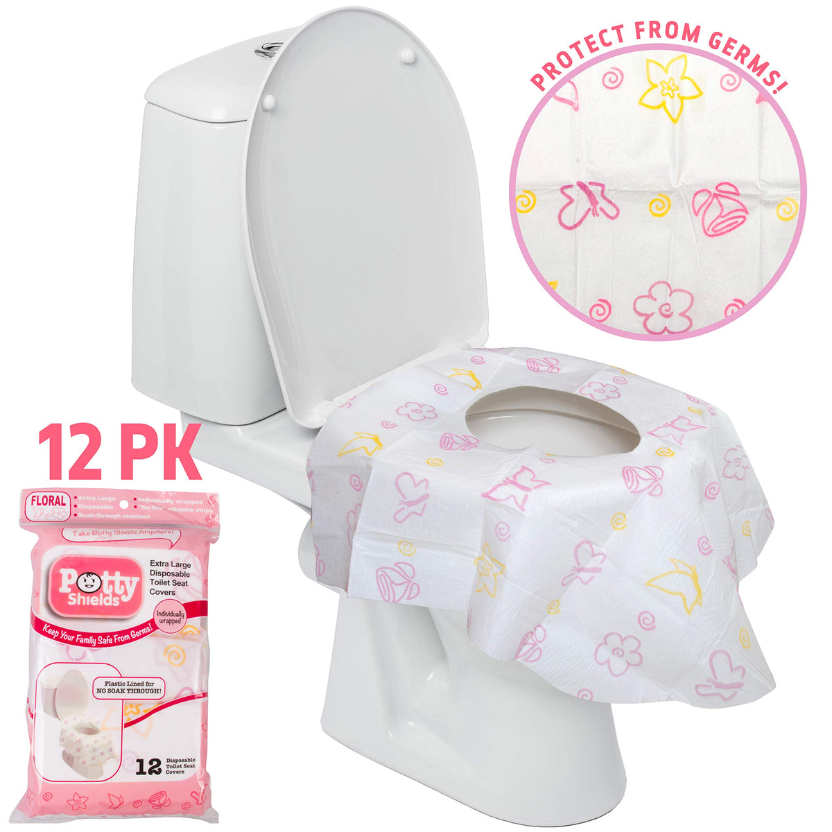 Potty Shields Fundas desechables para asientos de inodoro para niños y adultos (paquete de 12), Protección contra gérmenes de baños públicos, Impermeables, XL para cubrir TODO el inodoro, Rosa/Floral