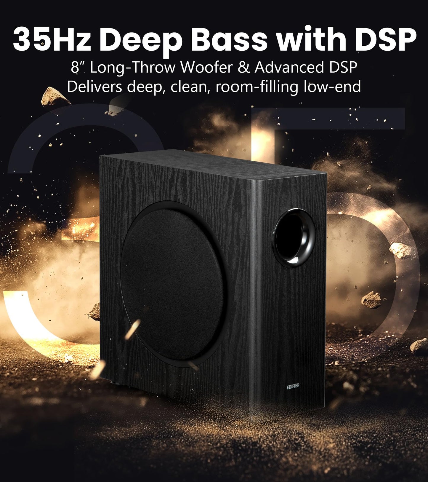 Edifier T5s - Subwoofer activo alimentado con 70 W RMS, woofer de 8 pulgadas de largo alcance, altavoz de graves profundos (35 Hz), amplificador incorporado, baja distorsión, selector de fase y
