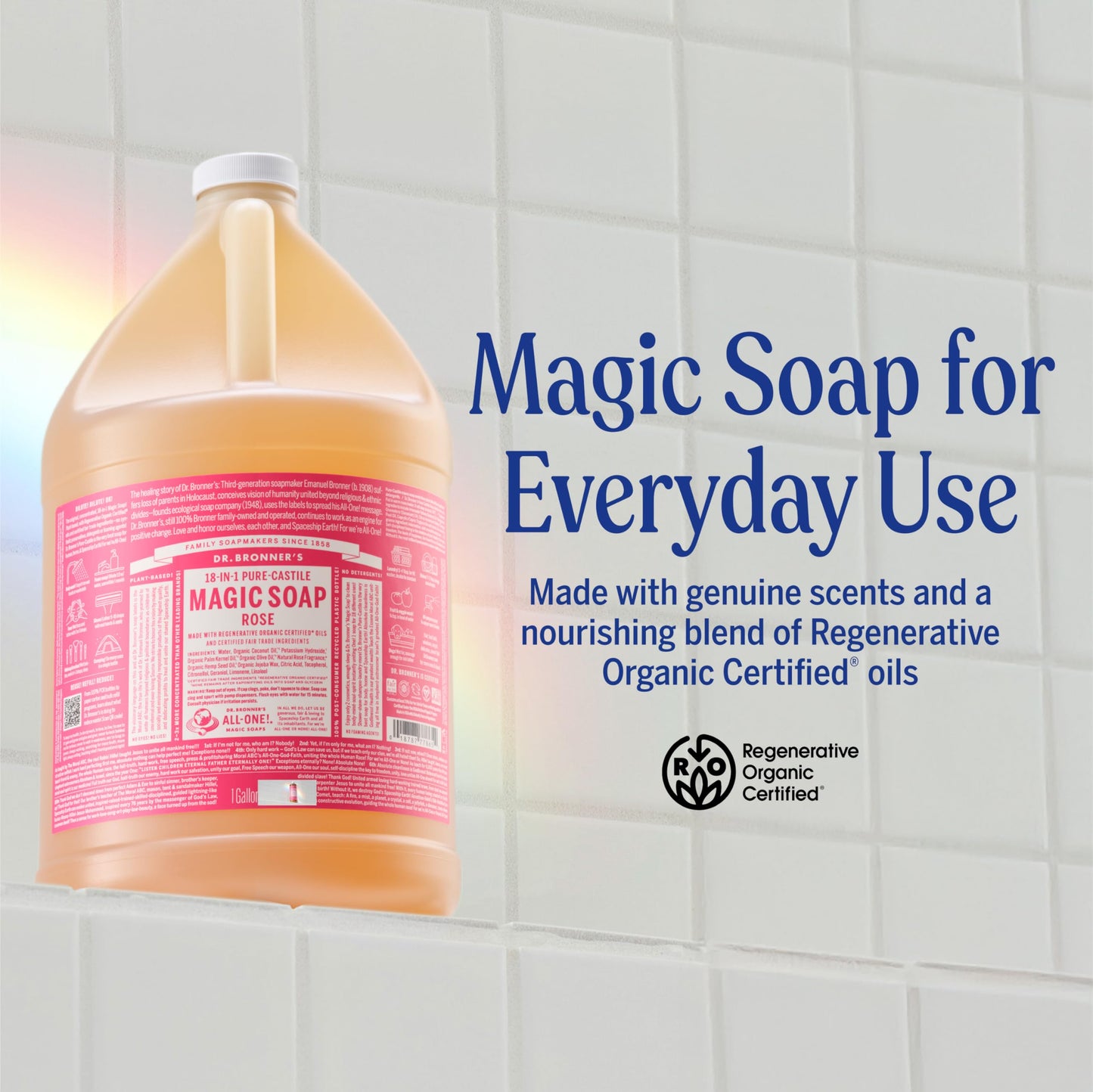 Dr. Bronner's | Jabón de castilla orgánico líquido multiusos, fórmula concentrada, fragancia floral y suavidad natural, con aceite esencial natural, aroma Rosas (3.8 L)