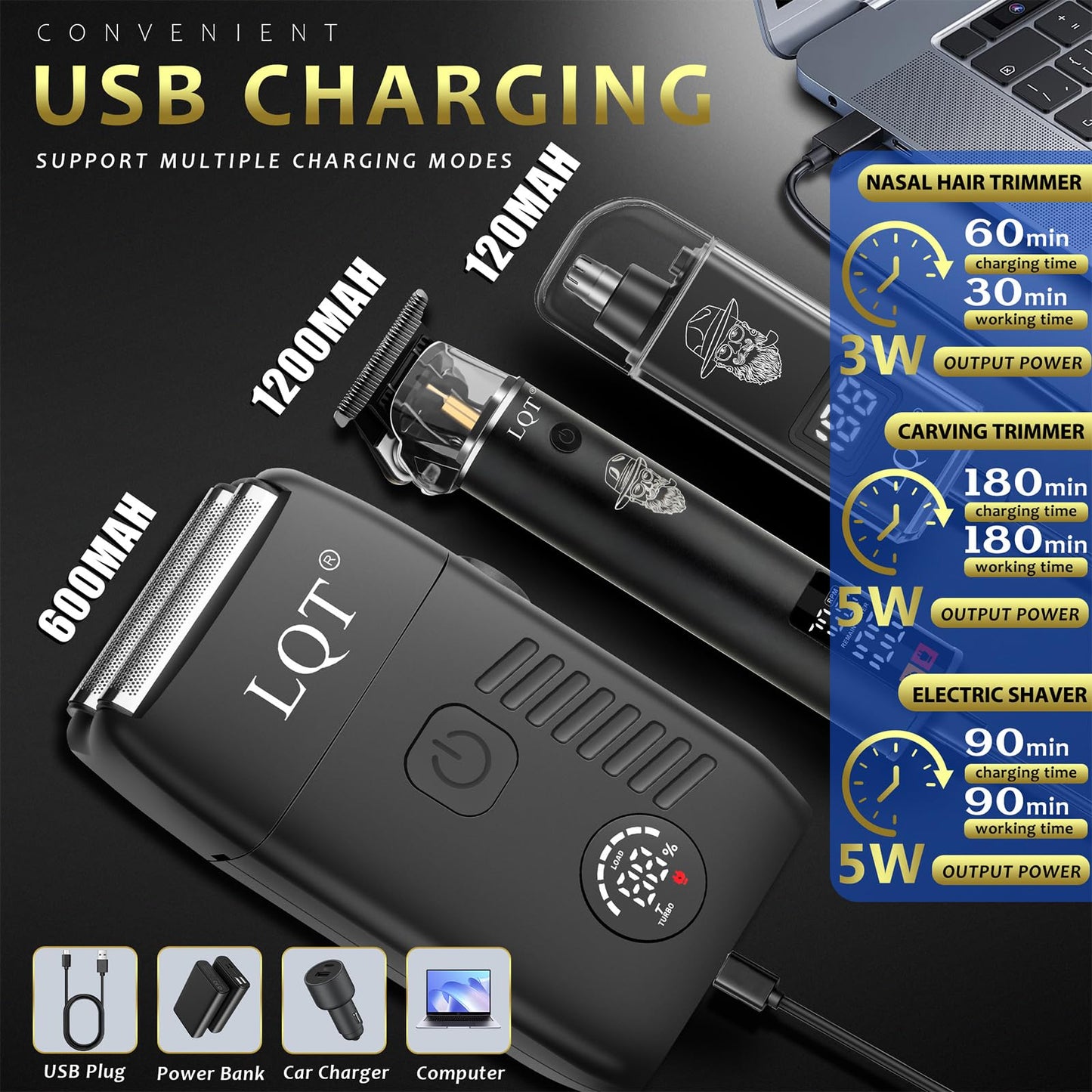 Afeitadora eléctrica de aluminio para hombre, kit de aseo de 3 piezas con cuchillas flotantes y pantalla LED, IPX7 resistente al agua, cortadora de barba húmeda/seca, maquinilla de afeitar eléctrica