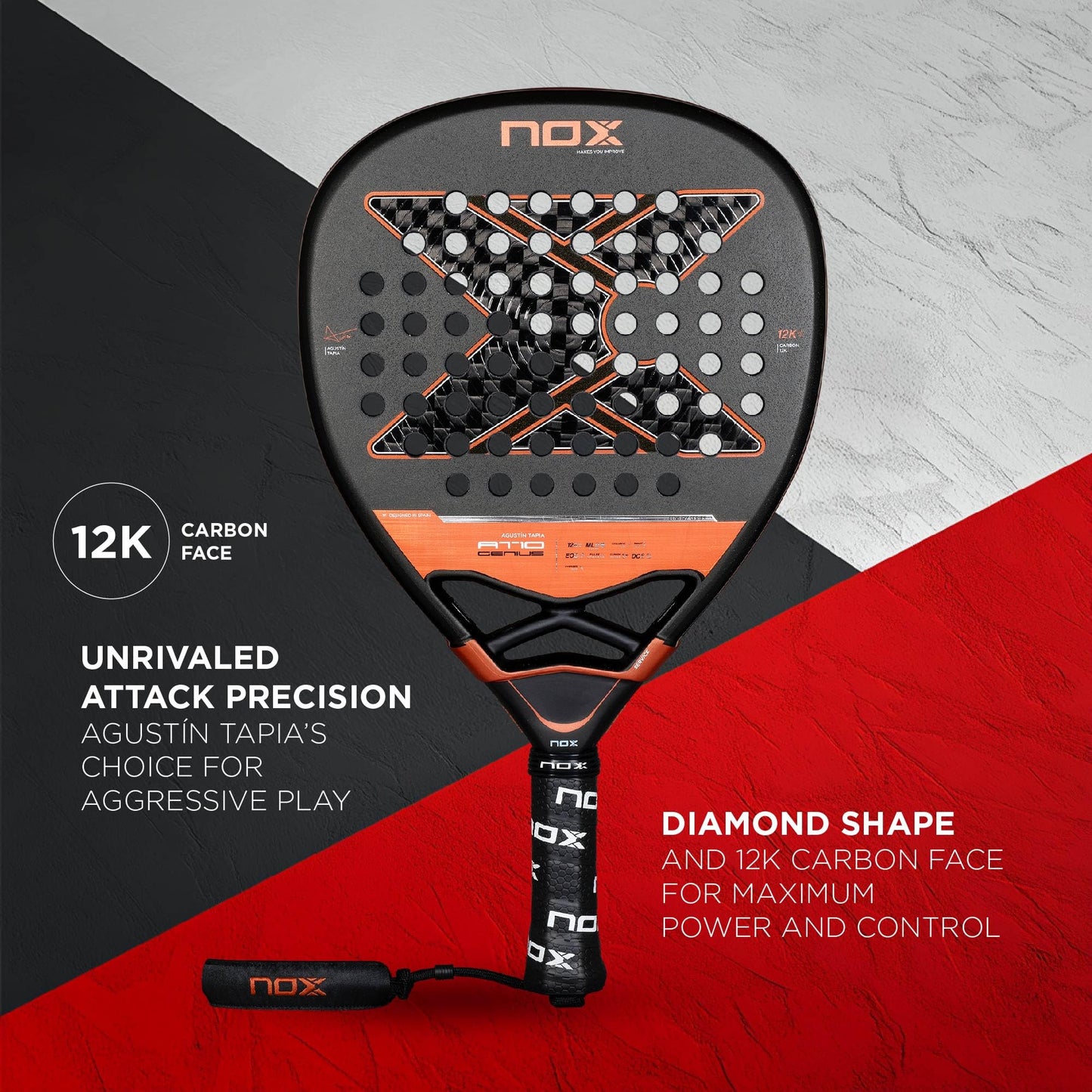 Pala Padel NOX AT10 Genius Attack 12K Agustin Tapia Confortable y Fiable