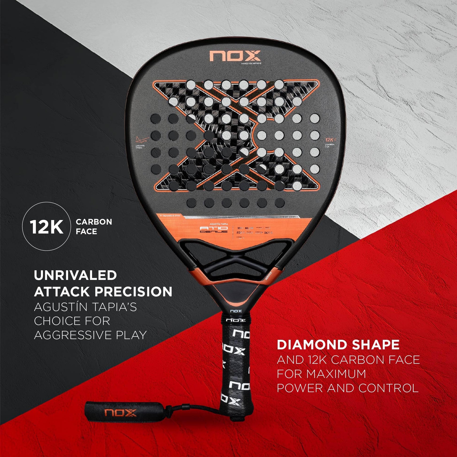 Pala Padel NOX AT10 Genius Attack 12K Agustin Tapia Confortable y Fiable