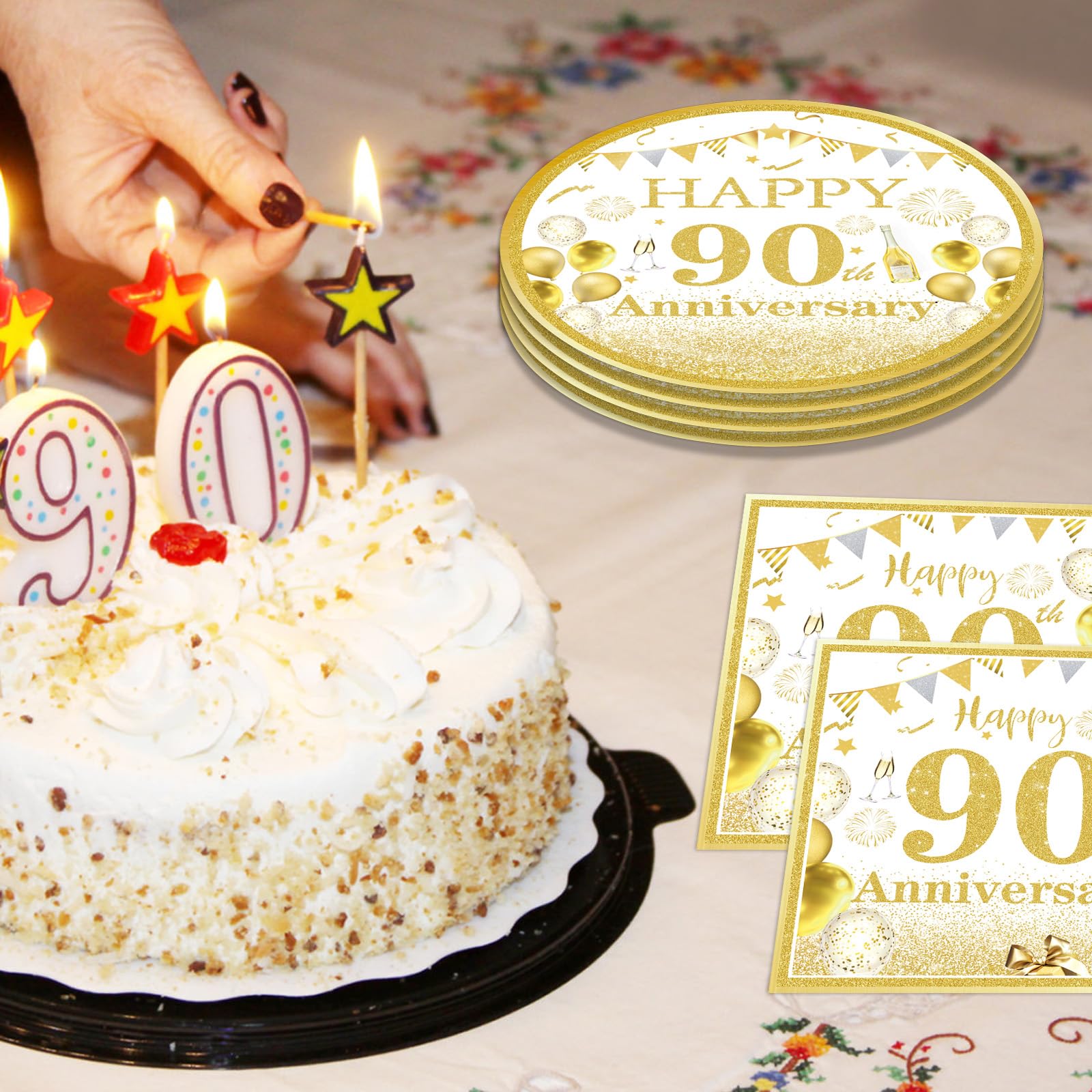 Juego Decoraciones Doradas Fiesta 90 Años Cumpleaños Aniversario Mujer Hombre