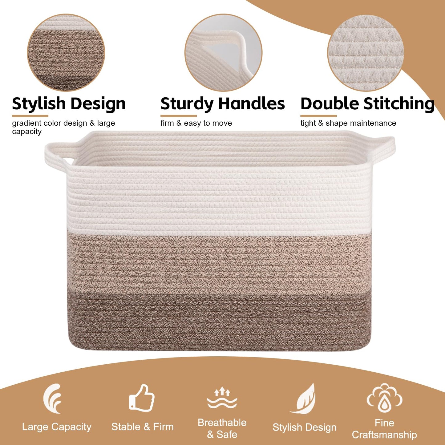 OIAHOMY - Cesta de manta extragrande, cuerda de algodón de 95 l, cesta de juguetes para habitación de bebé, cesta para almacenamiento de mantas en sala de estar, 24 x 17 x 14 pulgadas, café degradado