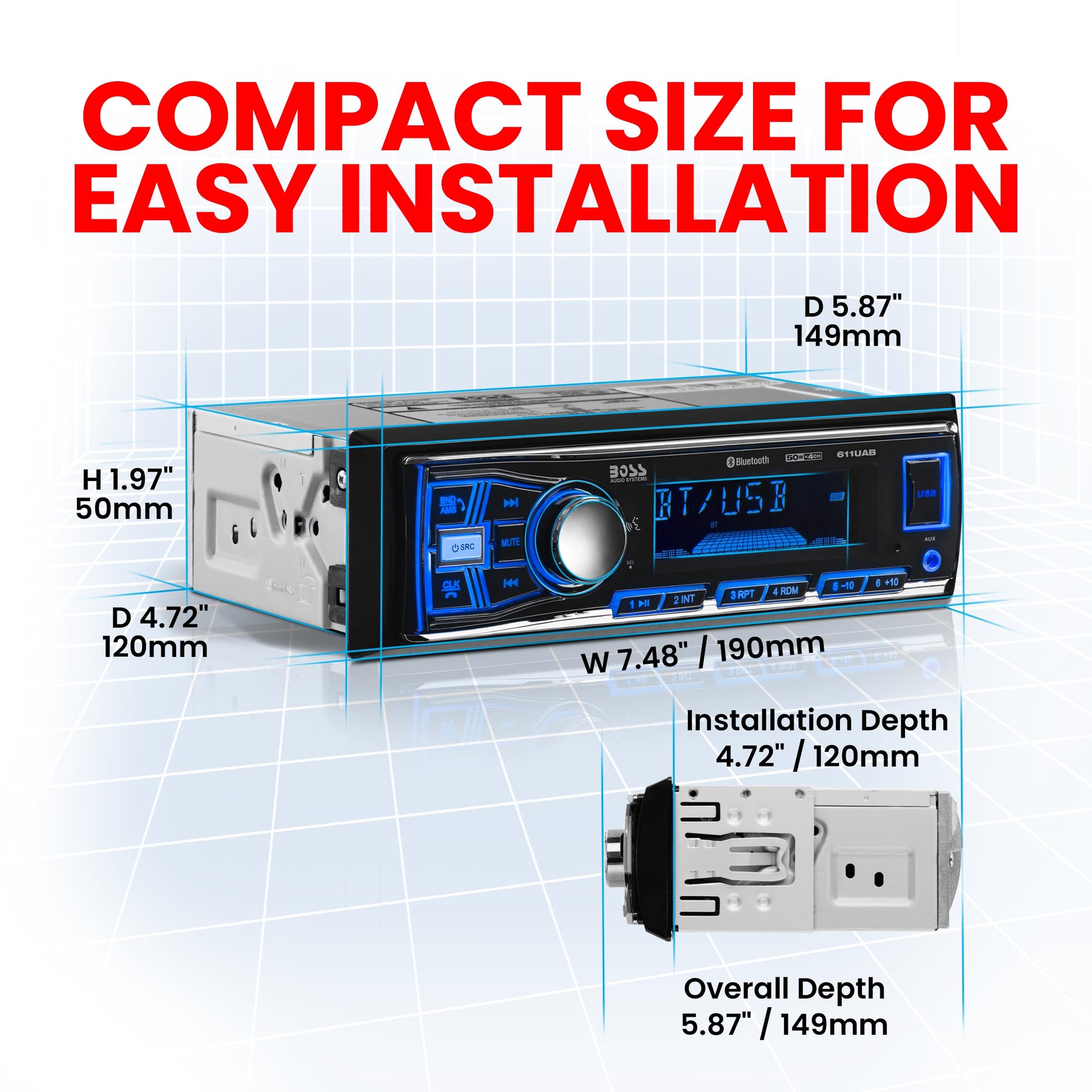 BOSS Audio Systems 611UAB Multimedia Car Stereo – Single Din, audio Bluetooth y llamadas manos libres, micrófono integrado, reproductor de MP3, sin reproductor de CD/DVD, puerto USB, entrada AUX, receptor de radio AM/FM