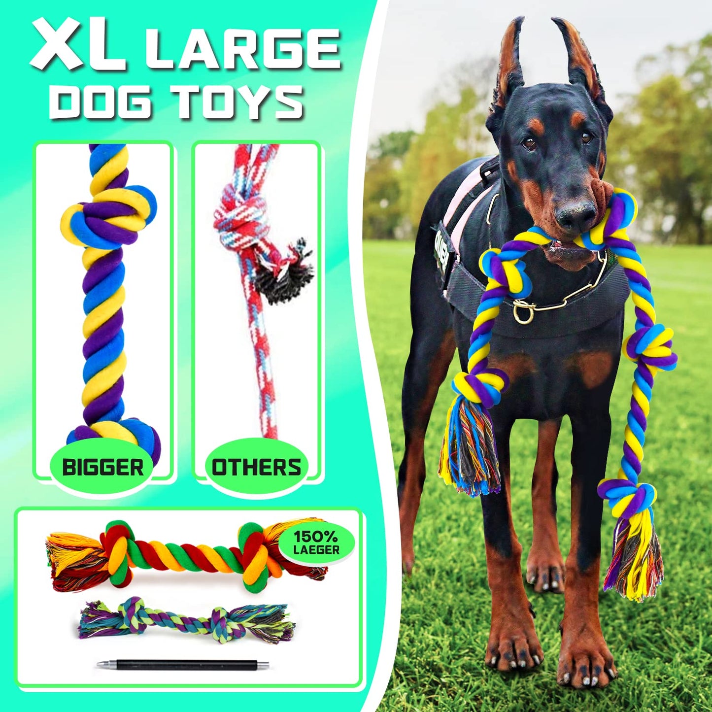 Juguetes para masticar perros XL para masticadores agresivos de raza grande, paquete de 14 juguetes resistentes para perros indestructibles para masticar agresivos, juguetes duraderos para masticar cachorros para dentición, juguetes de cuerda de algodón r