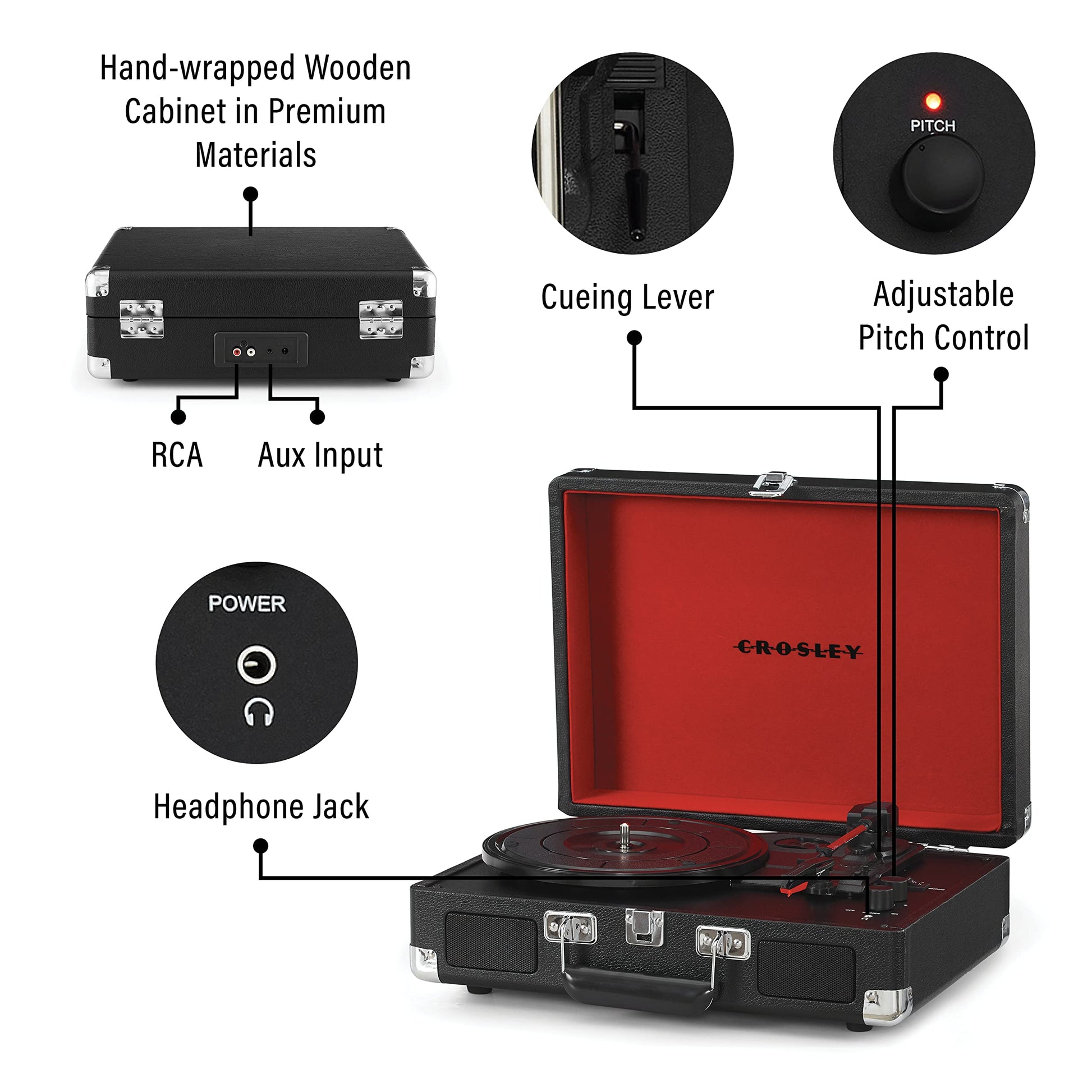 Crosley CR8005F-BK Cruiser Plus - Tocadiscos de Vinilo con Bluetooth de 3 velocidades, Color Negro y Rojo