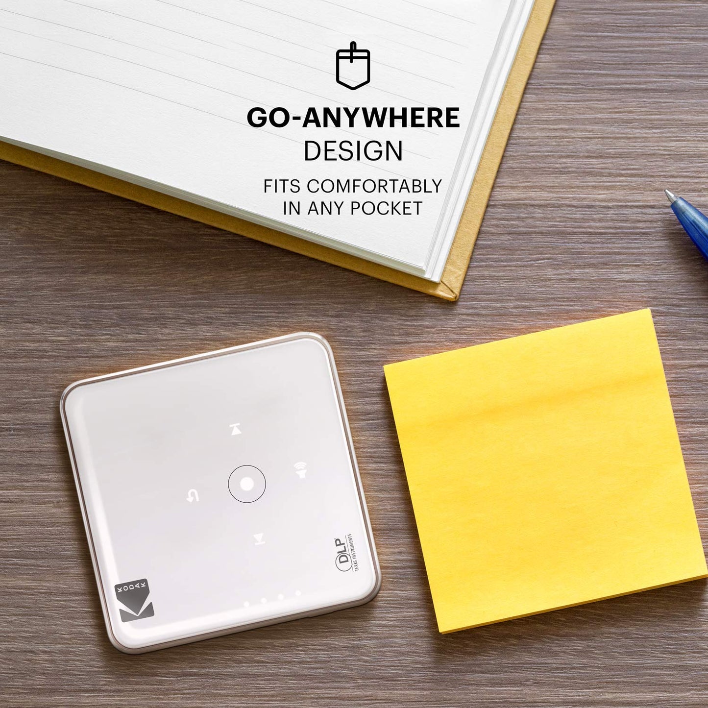 KODAK - Miniproyector de vídeo portátil Pocket Pico DLP 1080p HD LED, pantalla de 80 pulgadas, controles con botones táctiles, altavoz incorporado, batería recargable de 150 minutos, HDMI, USB y microSD
