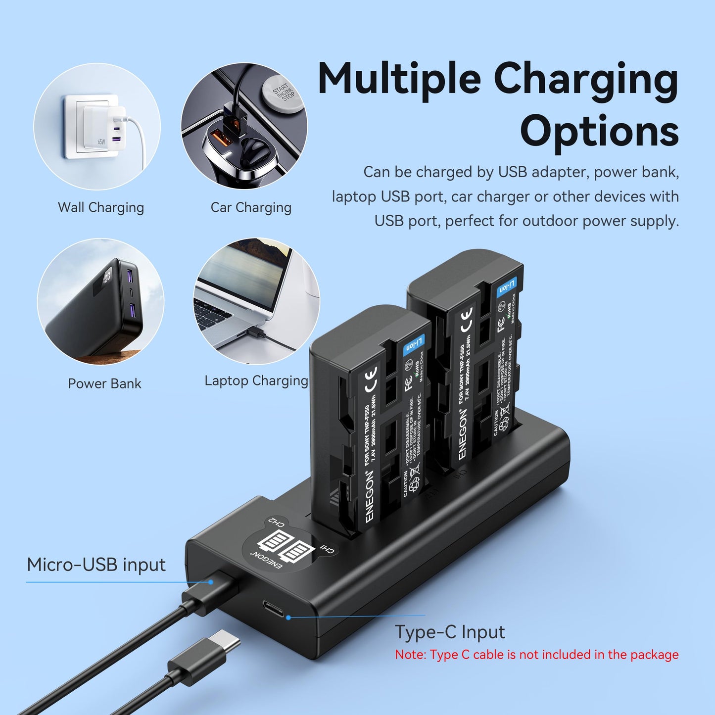 Batería de Repuesto ENEGON Negra con Smart LED y Cargador Dual USB para Videocámara Digital Sony