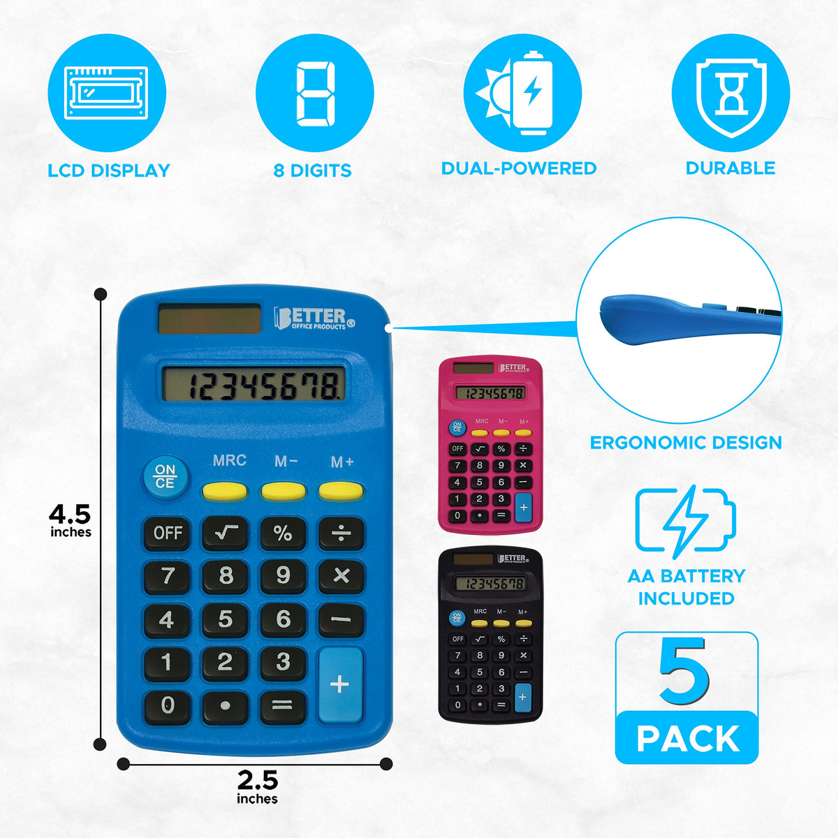 Mini Calculadoras Better Office Products Azul Negro Rosa Visualización de Mano de 8 Dígitos Función Estándar Alimentación Dual