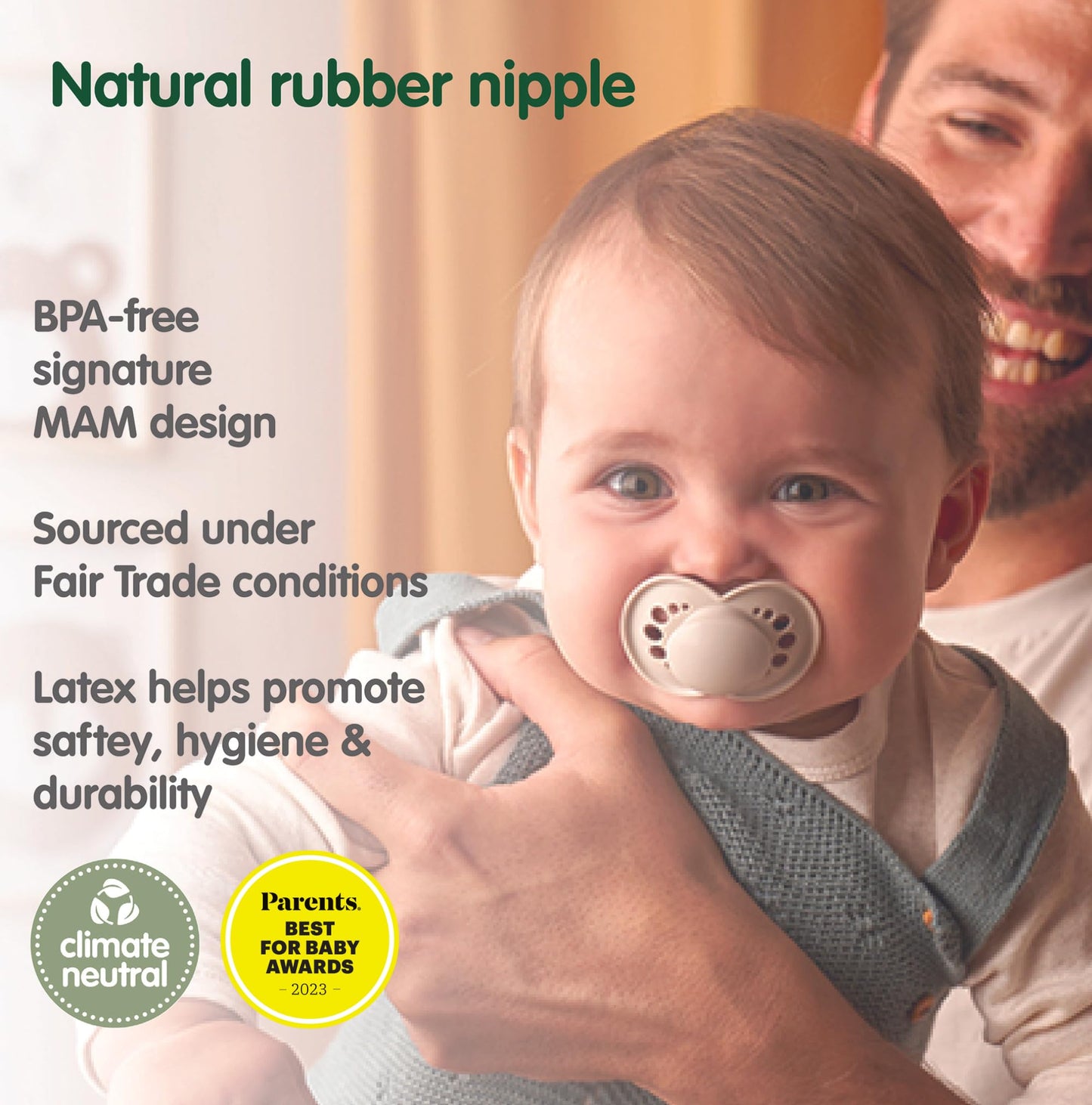 MAM - Chupetes de látex originales, chupete Binky para 6-16 meses, pezón de goma natural, hecho de materiales bio-circulares, fácil de limpiar, con estuche esterilizador, 2 unidades