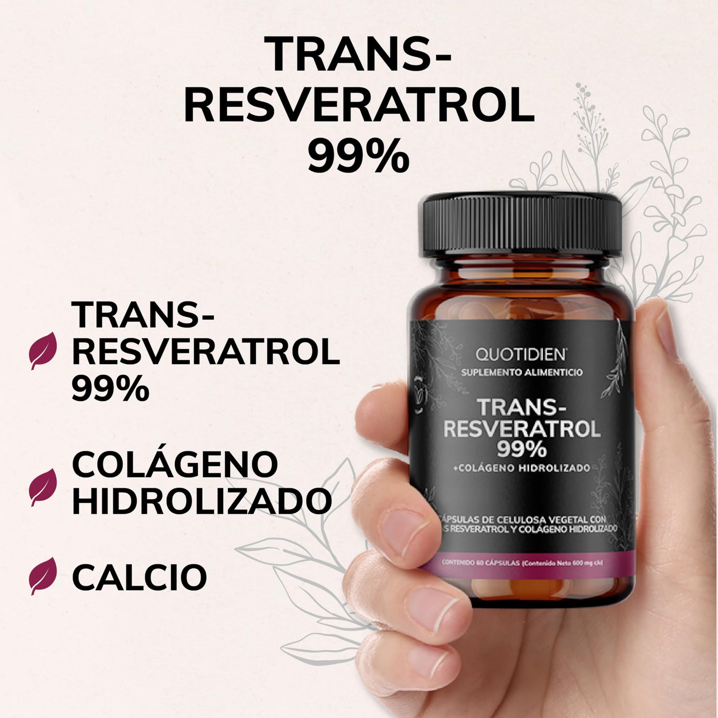 Cápsulas de Resveratrol Quotidien 99% Pureza Máxima con Colágeno Hidrolizado