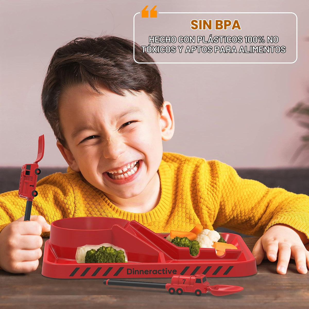 Dinneractive - Juego de comedor para niños, 3 piezas de vajilla de bombero rojo, utensilios de camión de bomberos, platos para niños pequeños, platos para bebés