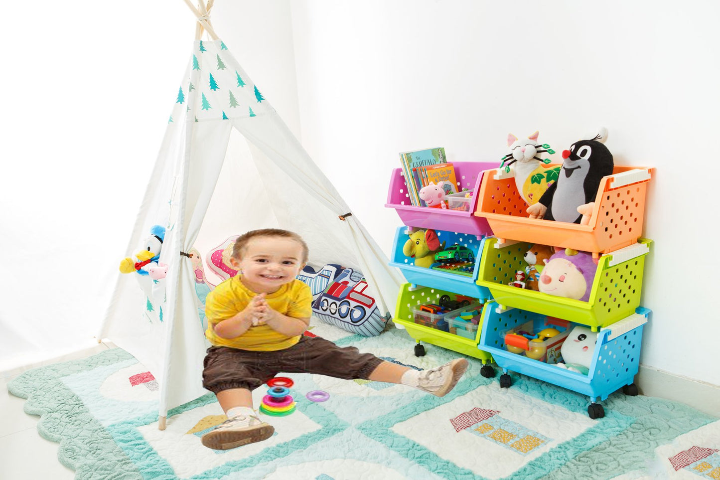 MAGDESIGNER Kids' Toys Chest Large Baskets Storage Bins Organizer with Wheels Can Move EverywhereNatural/Primary (Primary Collection)