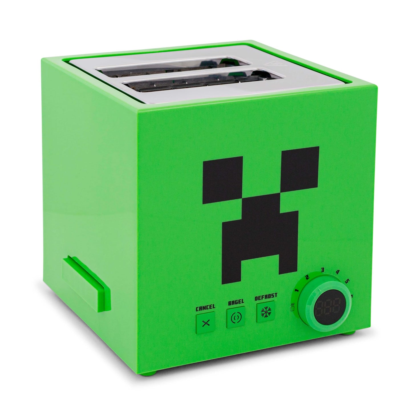 Minecraft Green Creeper Tostadora de 2 rebanadas para panecillos, gofres y panes, cuenta con 6 ajustes con opción de descongelación, símbolo de enredadera en pan