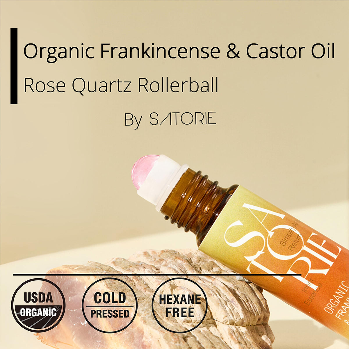 Satorie Aceite Orgánico De Ricino E Incienso Con Cuarzo Rosa En Roll-On - Mezcla De Aceites Esenciales Certificada Por El Usda, Roll-On Con Efecto Antiedad, Ideal Para Rostro, Contorno De Ojos,