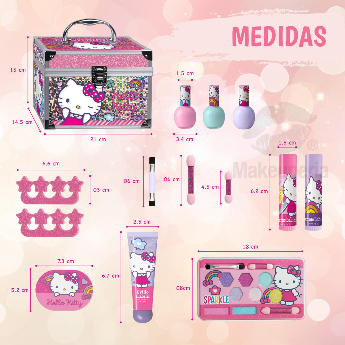 MAKEUPERIA Estuche de Maquillaje Infantil con Diseño Hello Kitty, Maletín Metálico con Espejo, Sombras, Brillos, Esmaltes, Lima, Separadores, Pinceles y Bandeja, Maquillaje Lavable y Seguro para Niñas