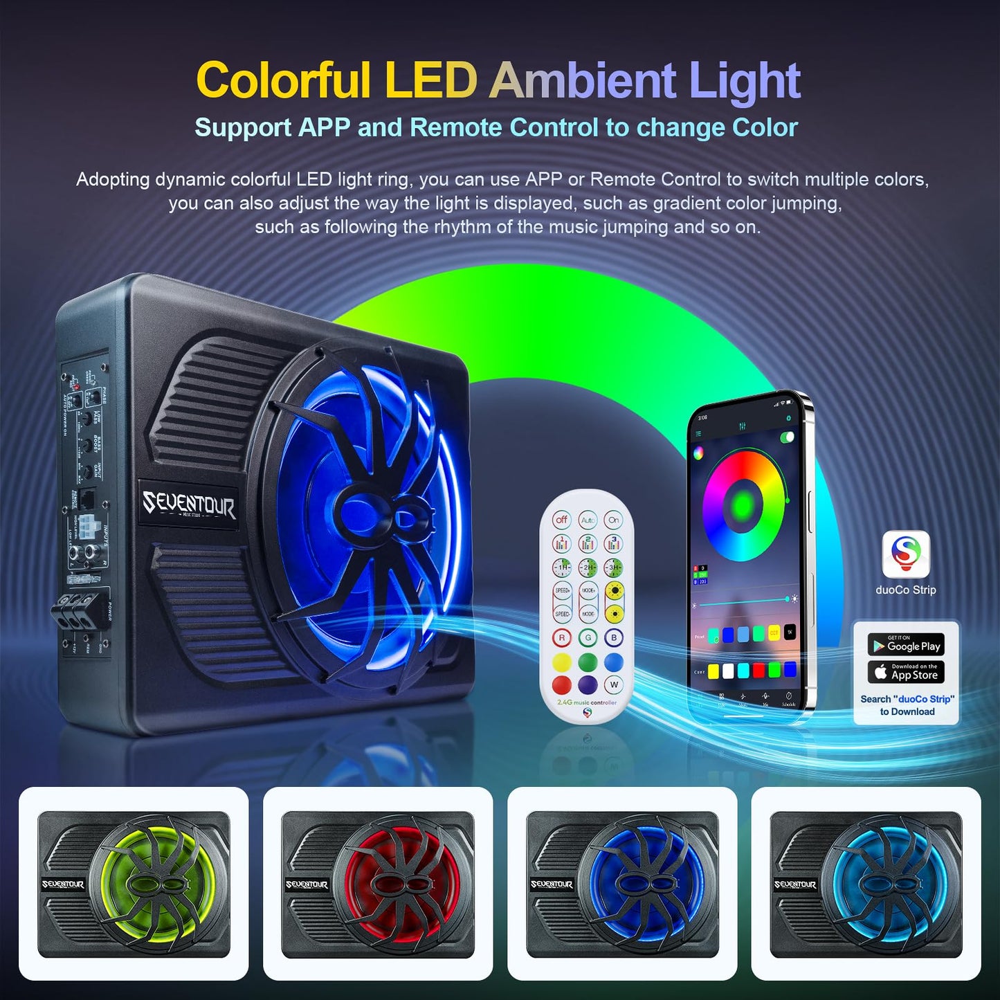 Subwoofer de 10 pulgadas de 800 W delgado alimentado por debajo del asiento, subwoofer de audio para coche/camión, amplificador integrado en combinación, con luz LED azul (subwoofer LED RGB + kit de