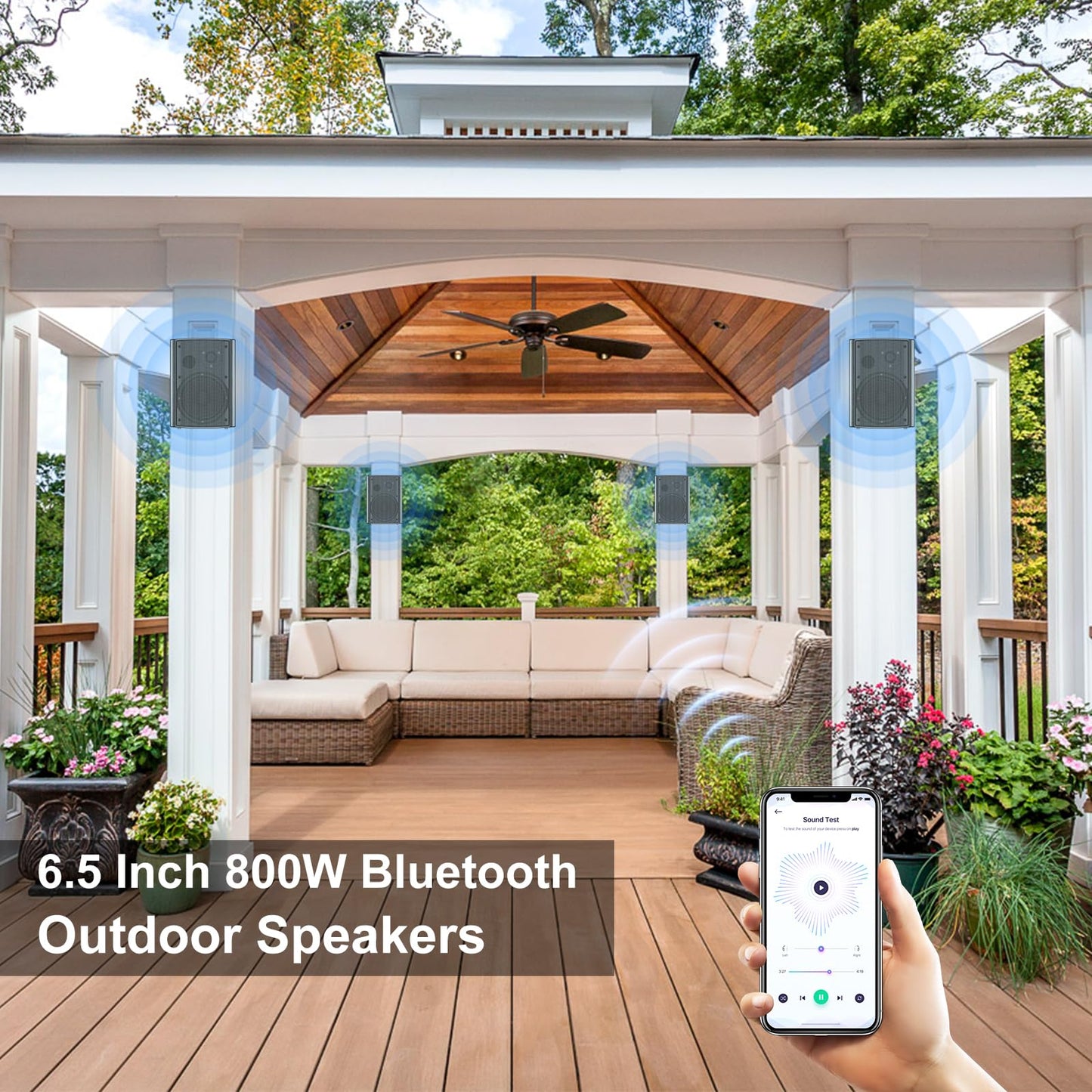 STUDIOFINIX 800W 6.5 Inch Bluetooth Altavoces de Exterior con Amplificador Multifuncional Sistema de Altavoces de Pared Resistente a la Intemperie para Patio Jardín Piscina Casa (4 Altavoces, Negro)