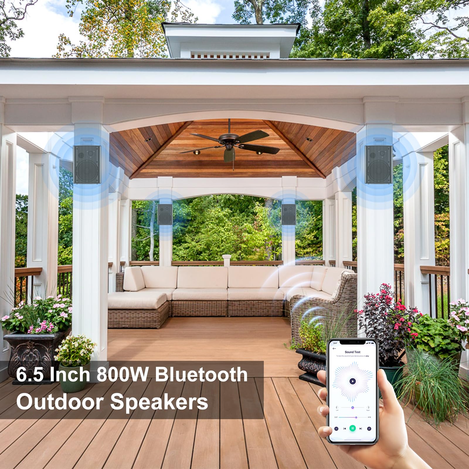 STUDIOFINIX 800W 6.5 Inch Bluetooth Altavoces de Exterior con Amplificador Multifuncional Sistema de Altavoces de Pared Resistente a la Intemperie para Patio Jardín Piscina Casa (4 Altavoces, Negro)