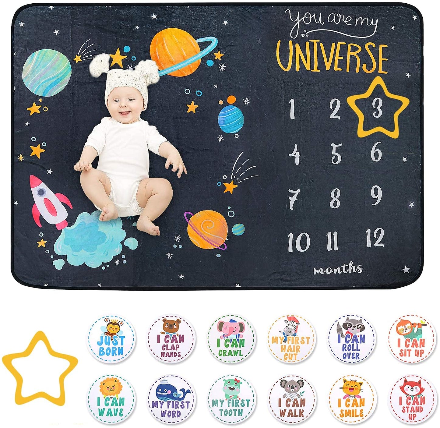 ComboJoy - Manta de hito para bebé para niño y niña, manta de hito mensual grande de 60 x 40 pulgadas, con 12 calcomanías de animales, rastreador de crecimiento personalizado con temática espacial