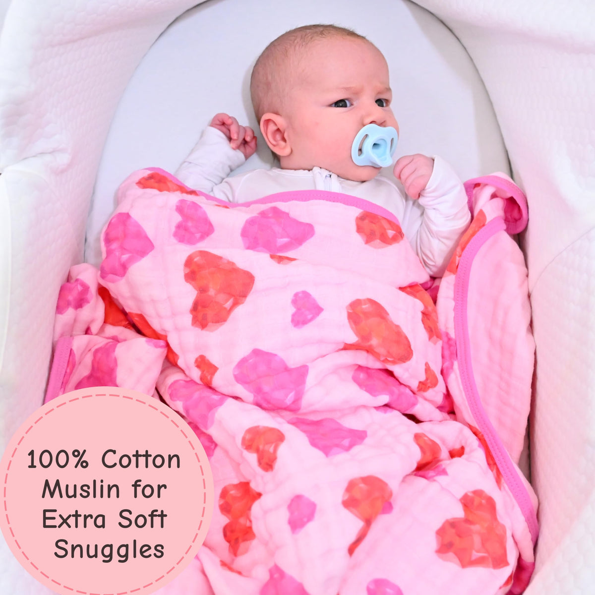 LollyBanks - Manta para bebé, 100 % algodón orgánico de muselina para niñas, colcha de 47 x 47 pulgadas, suave y transpirable de 6 capas, ropa de cama esencial para cuna (estampado de corazón de