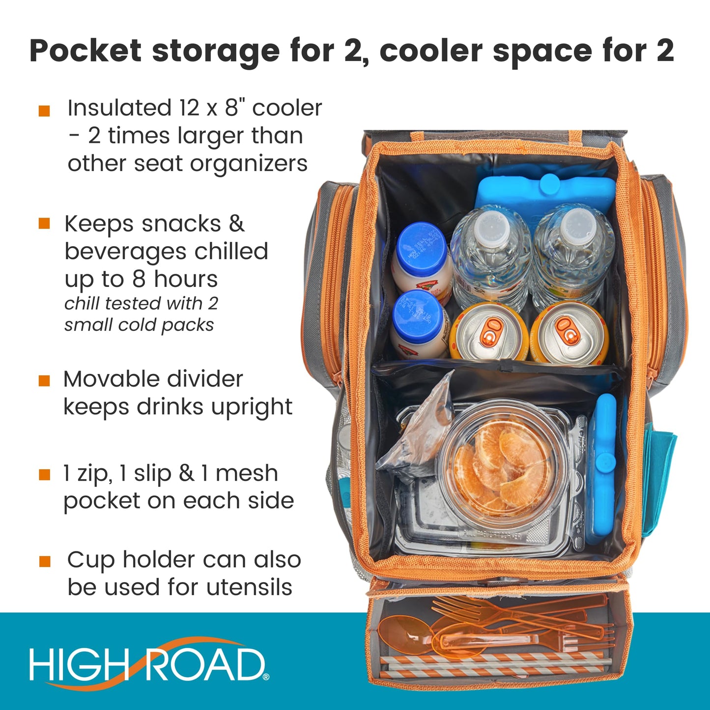 High Road CarHop Organizador de asiento de coche para niños y adultos con bandeja para portavasos y bolsillos laterales y compartimento para refrigerador (mediano, gris)
