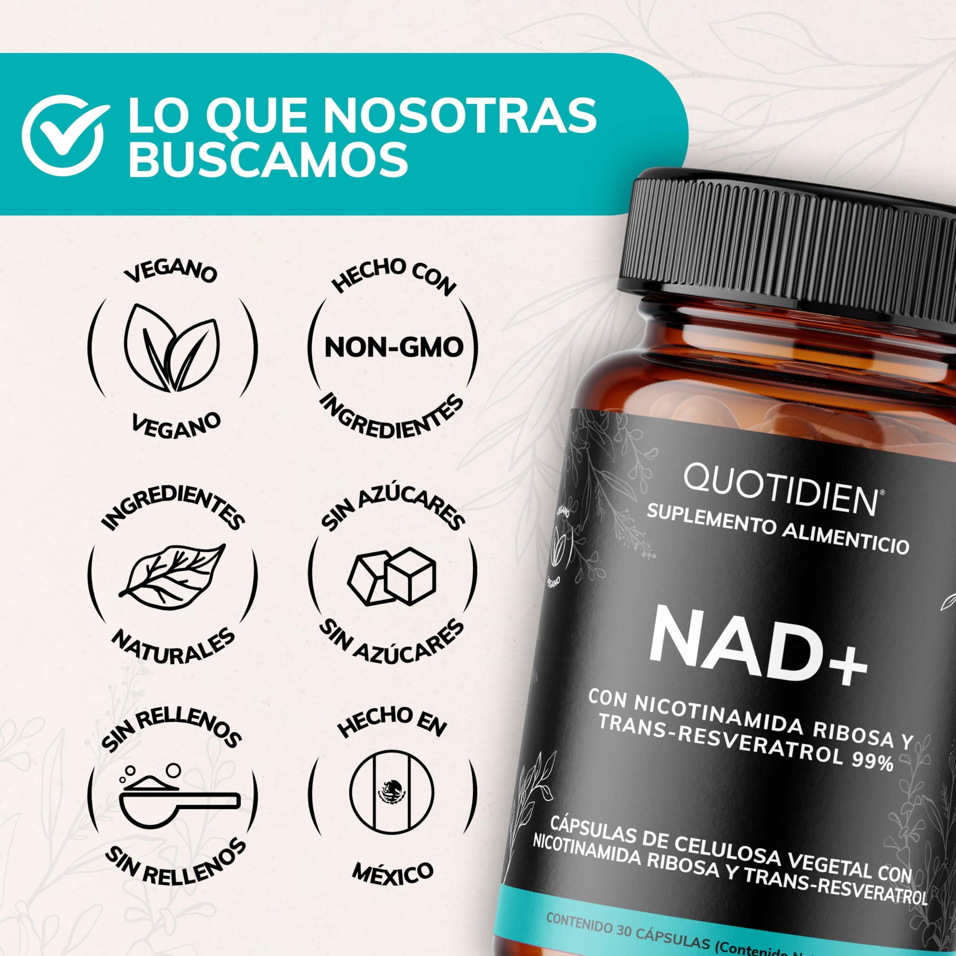 Suplemento NAD+ Quotidien con Nicotinamida Ribosa, Trans-Resveratrol, Ácido Alfa Lipoico y Quercetina