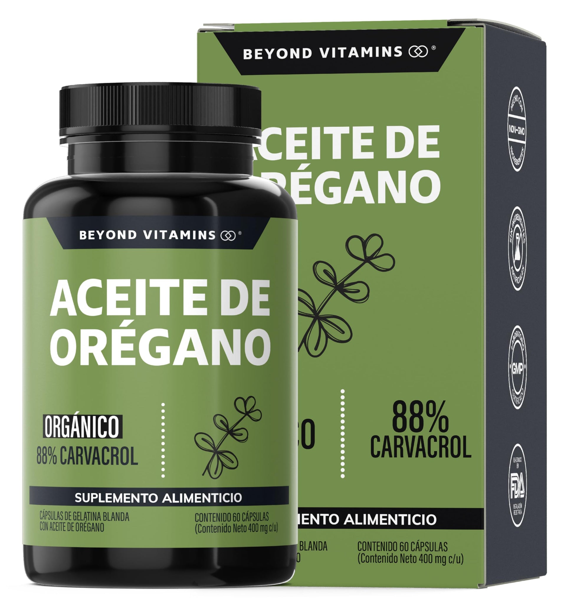 Beyond Vitamins | Aceite de Oregano Orgánico 100% Natural con 88% Carvacrol Candida | Oil of Oregano Grado Alimenticio (60 Caps)