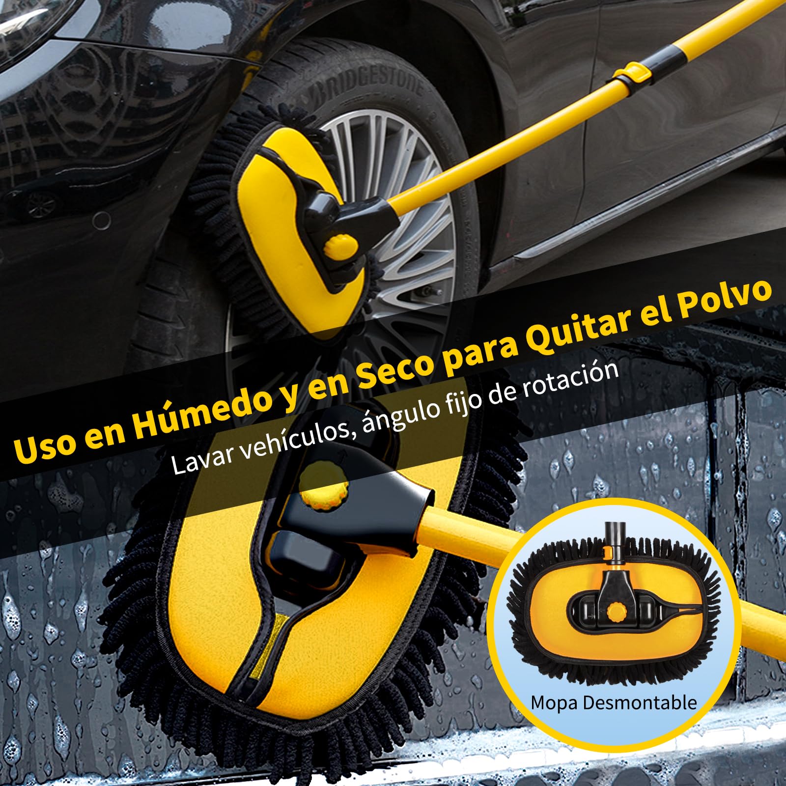 Benanei Cepillo para Lavar Carros Curvado 15°con Mango Largo, Kit de Limpieza para Auto, Chenilla Cepillo para Auto con Poste Extensible 50-120cm, para Lavar Coches, Limpiar Cristales, Fregar, Hogar