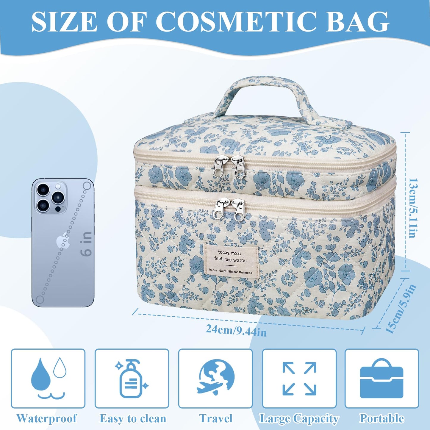 Bolsa de maquillaje, bolsa de cosméticos grande para mujeres y niñas, lindas bolsas de maquillaje acolchadas, bolsa de aseo estética de coqueta floral, bolsa organizadora de maquillaje de viaje (lazo