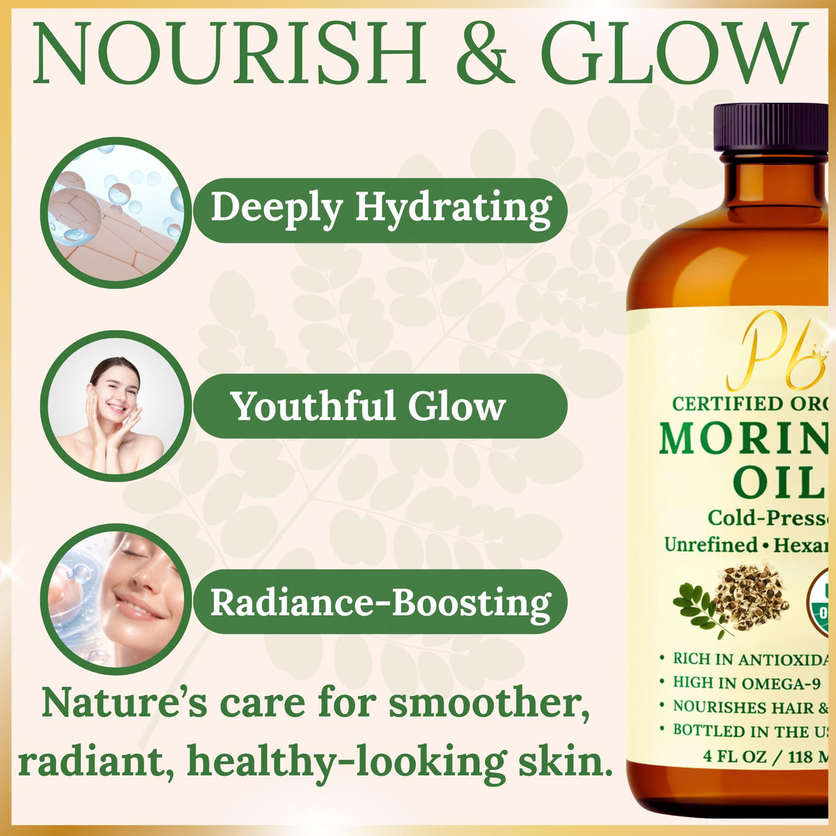 Pomberries Aceite De Moringa – 100% Puro, Prensado En Frío Y Sin Refinar – Aceite De Semilla De Moringa Para Rostro, Piel, Cabello Y Cuerpo – Hidratante, Antiedad – Botella De Vidrio Ámbar De 118 Ml(4
