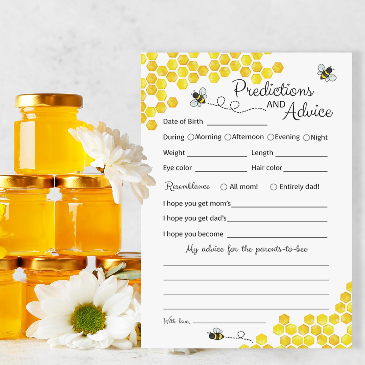 Tarjetas de predicción y consejos de abeja – Paquete de 25 – Juegos de baby shower de abejorro, amarillo neutro abejorro, nuevos padres, mensaje de mamá y papá, mensaje de mamá y papá, recuerdo de actividad de coed de abeja miel G620-PDAV
