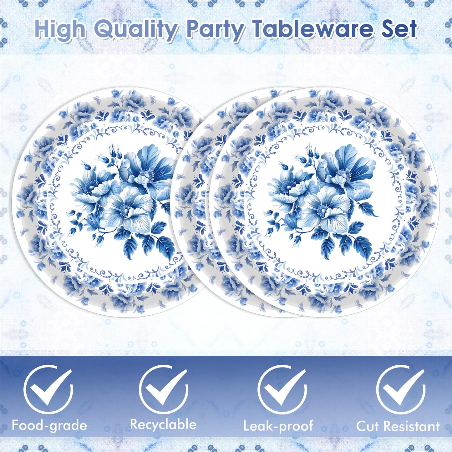 Decoración Floral de Cumpleaños - Vajilla Desechable con Flores Azules y Blancas
