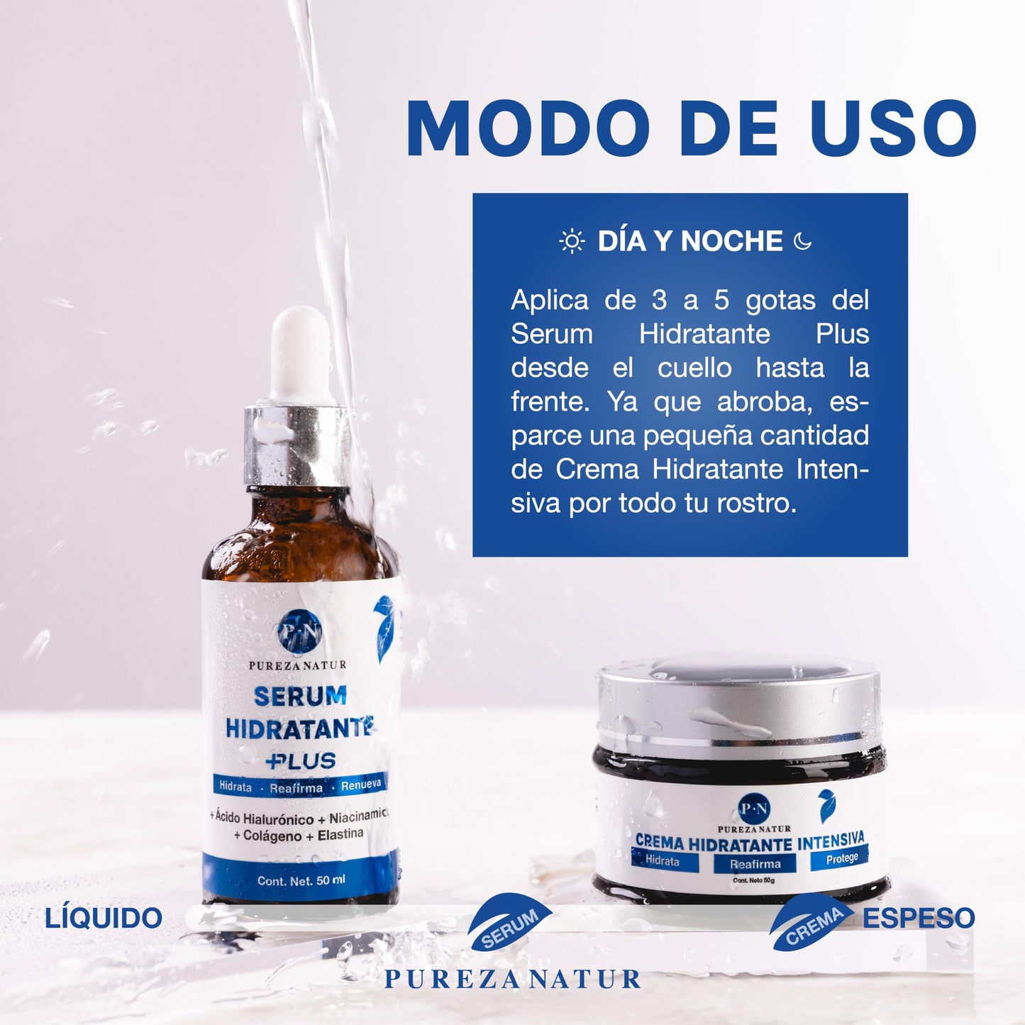 PUREZA NATUR Pack Hidratante intensivo serum Ácido hialurónico facial hidratante PLUS + Crema de hidratación intensiva | Paquete completo suero + crema para el cuidado de la piel, hidratación y rejuvenecimiento (Pack Hidratante intensivo)