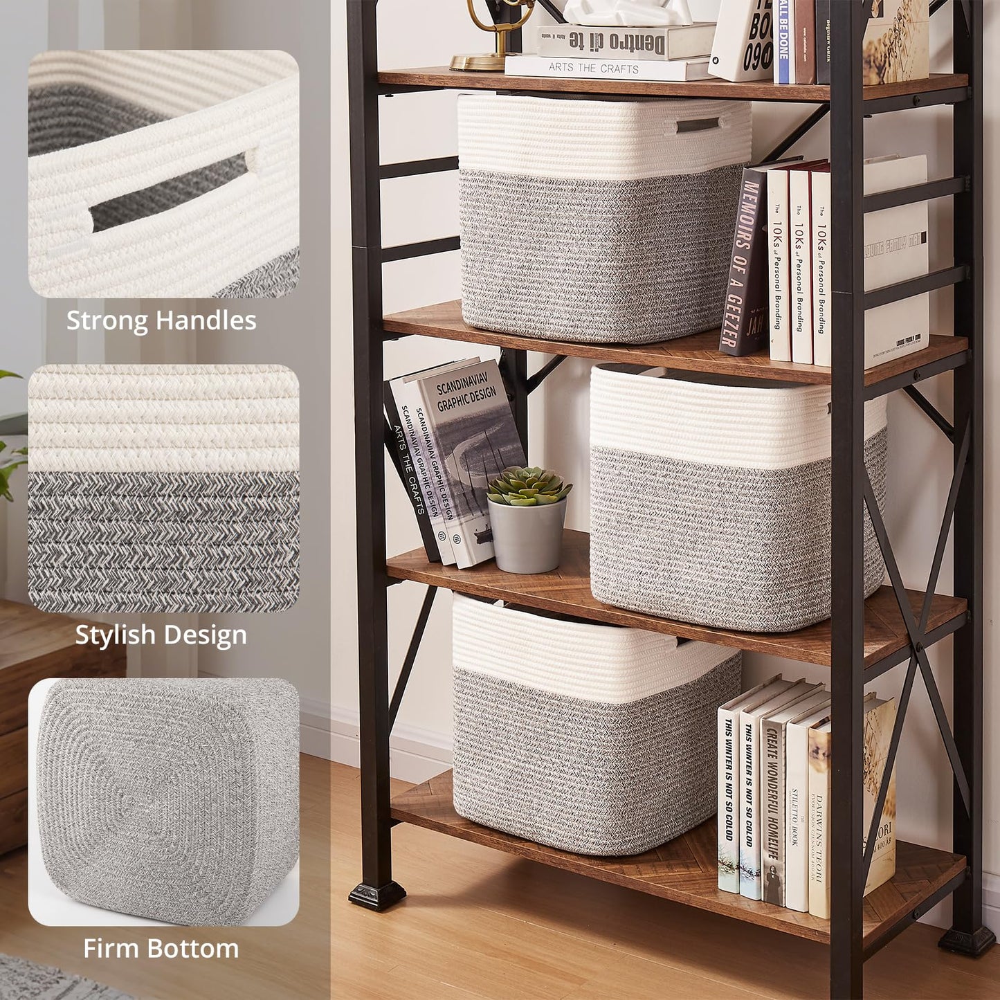 OIAHOMY - Cestas tejidas de cuerda de algodón para organizar 3 unidades de 13 x 13 x 12.6 pulgadas, cestas rectangulares de almacenamiento para ropa, cestas de almacenamiento para niños, sala de